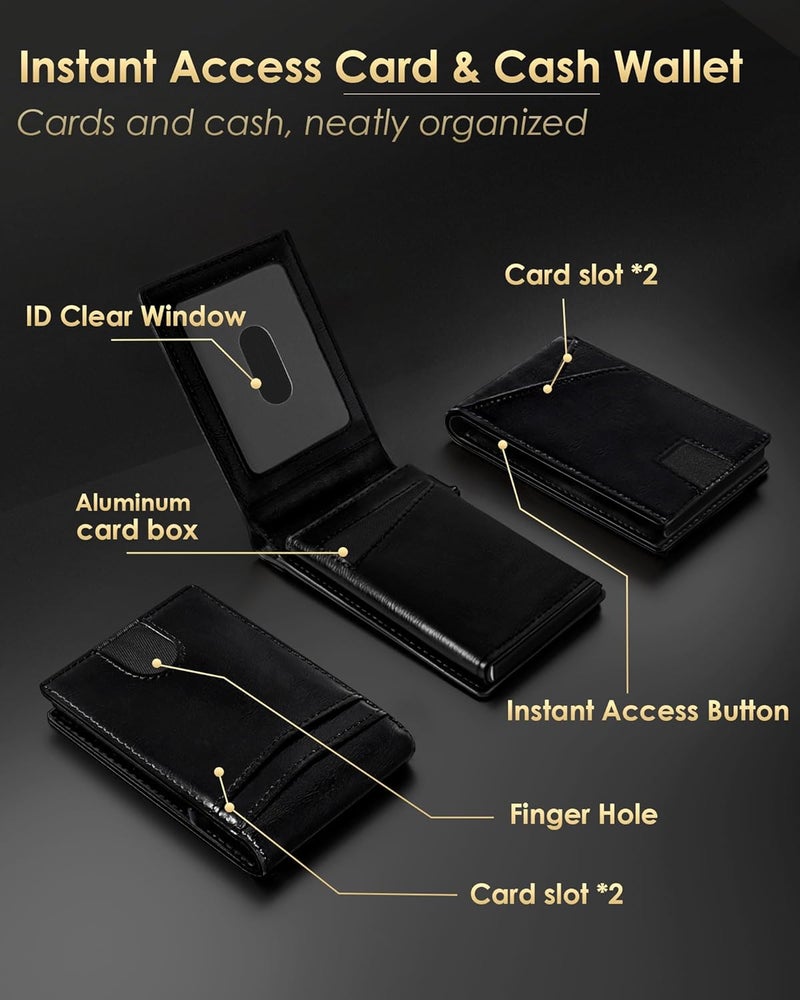 QLD Wallet for Men - RFID Blocking [Functional & Practical] Bifold Slim Minimalist Credit Card Holder Pop Up Metal Case with Cash Slot, Front Pocket with ID Window, Gift Boxed (BLACK) - Image 5